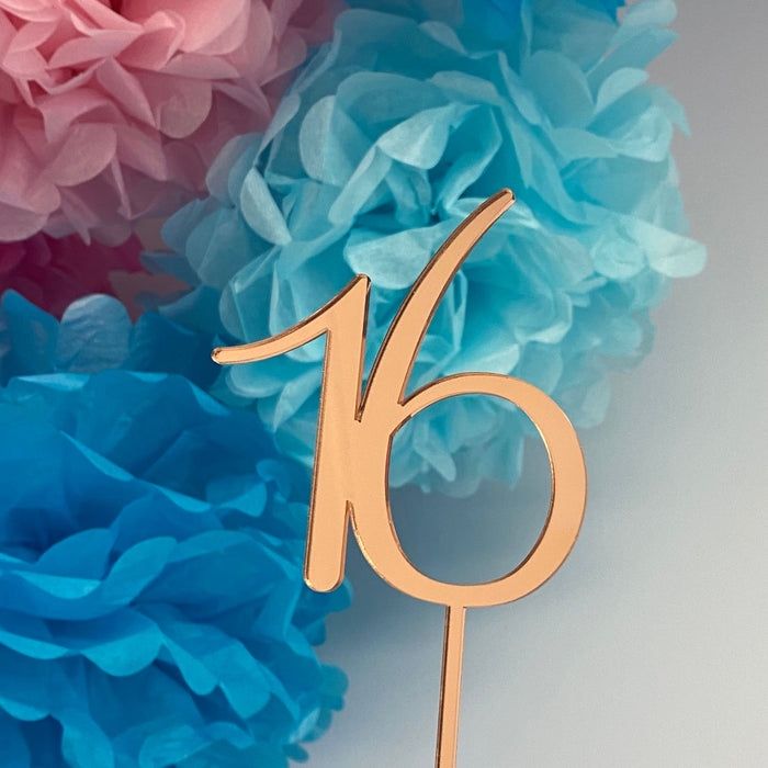 number 16, sixteen, acrylic cake topper available in many colours, mirrored finish and glitters, Cookie Cutter Store