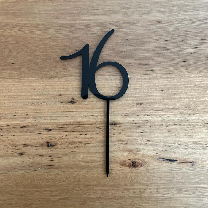 "16" in Black acrylic cake topper available in many colours, mirrored finish and glitters, Cookie Cutter Store