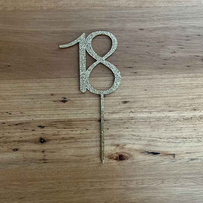 number 18, eighteen in glitter gold, acrylic cake topper available in many colours, mirrored finish and glitters, Cookie Cutter Store
