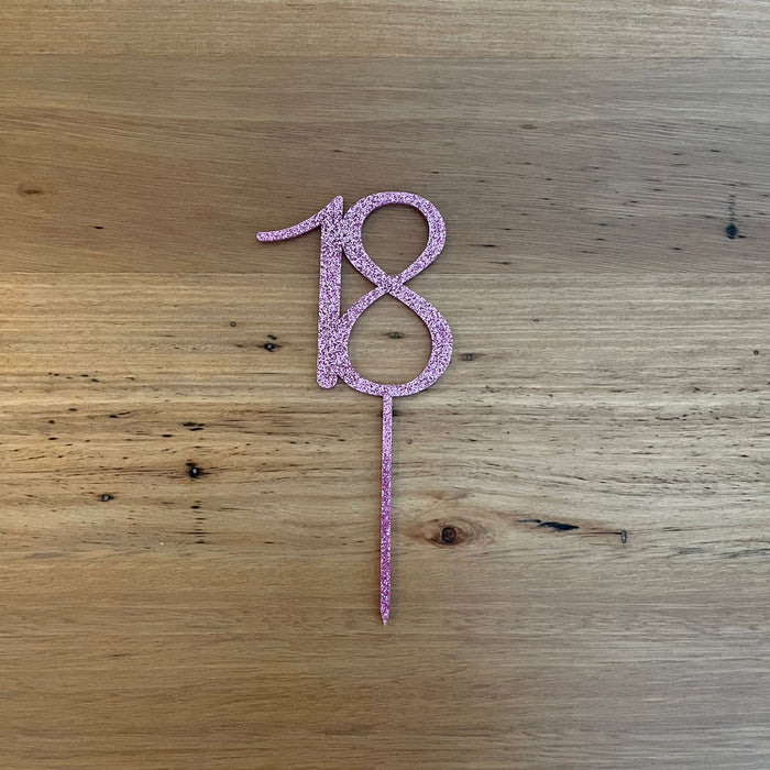 number 18, eighteen in glitter pink, acrylic cake topper available in many colours, mirrored finish and glitters, Cookie Cutter Store