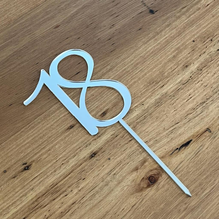 number 18, eighteen, in silver acrylic cake topper available in many colours, mirrored finish and glitters, Cookie Cutter Store