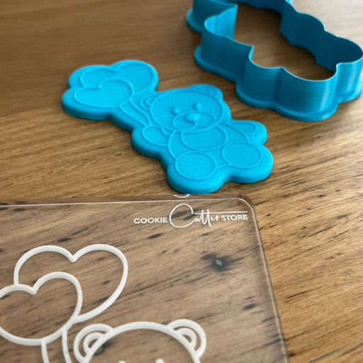Bear holding Balloons Deboss Raised Effect Stamp, Pop Stamp, deboss stamp and cookie cutter, cookie cutter store