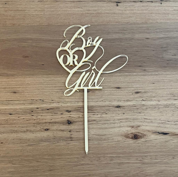 "Boy or Girl" acrylic Baby Reveal cake topper in bright gold available in many colours, mirrored finish and glitters, Cookie Cutter Store
