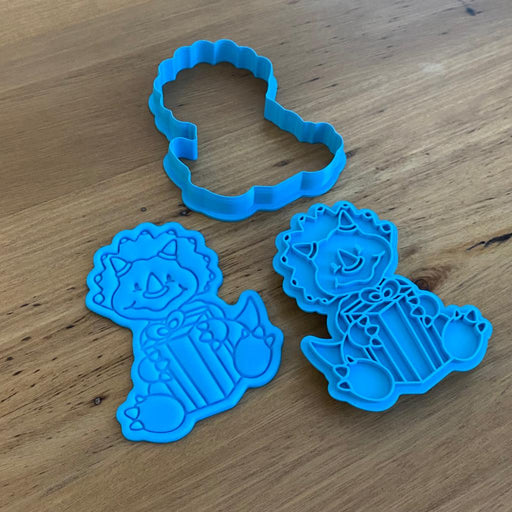 Dinosaur with Present Cookie Cutter & Emboss Stamp is perfect for Paint Your Own Cookies, available from Cookie Cutter Store 