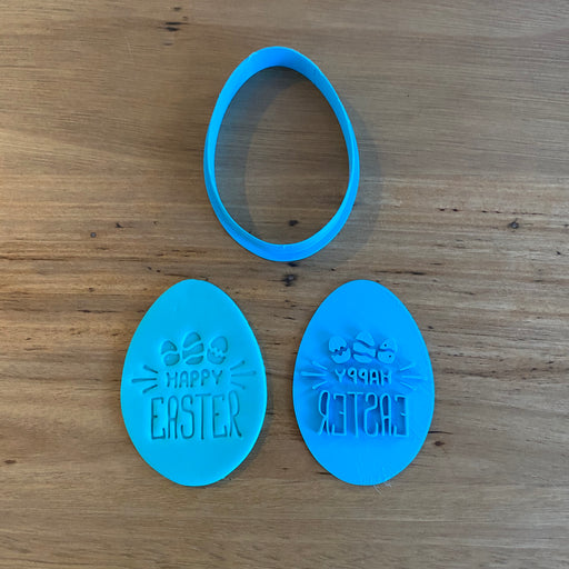 Happy Easter Style #3 Egg Cutter and Emboss Stamp. The Egg cutter measures 80mm tall by 55mm wide.   See our complete range by searching "Easter" in store  The stamp is also designed to be used within a circle measuring 70mm if you prefer a round cookie