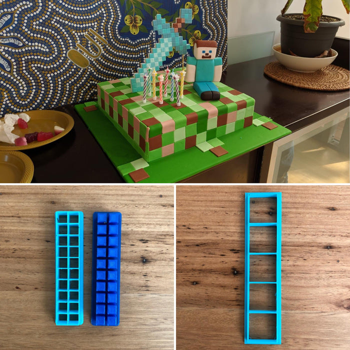 Minecraft Fondant Tile Cutter - 2 size set. Help make hundreds of tiles effortlessly in 2 sizes suitable for your cake, cookies and decorations e.g. the character and sword in the photo.