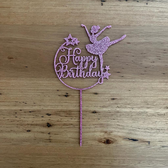 "Happy Birthday" in glitter pink with Ballet Dance acrylic cake topper available in many colours, mirrored finish and glitters, Cookie Cutter Store