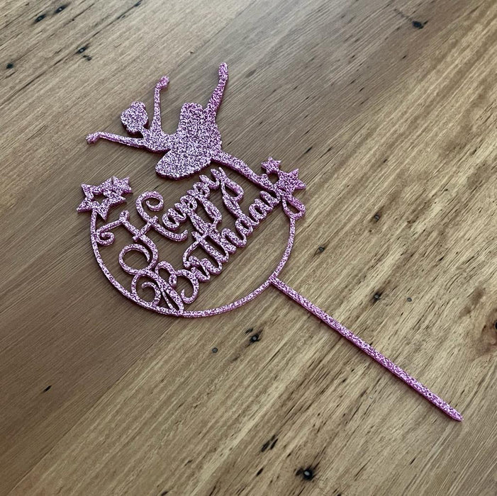 "Happy Birthday" in glitter pink with Ballet Dance acrylic cake topper available in many colours, mirrored finish and glitters, Cookie Cutter Store
