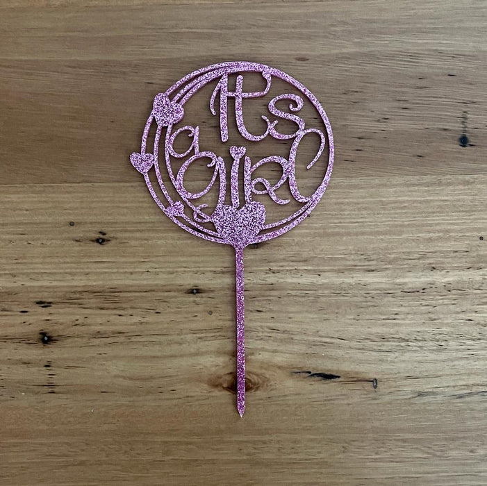 "It's a Girl" in glitter pink acrylic cake topper available in many colours, mirrored finish and glitters, Cookie Cutter Store