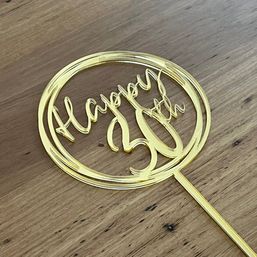 "Happy 30th" in Bright Gold acrylic cake topper available in many colours, mirrored finish and glitters, Cookie Cutter Store