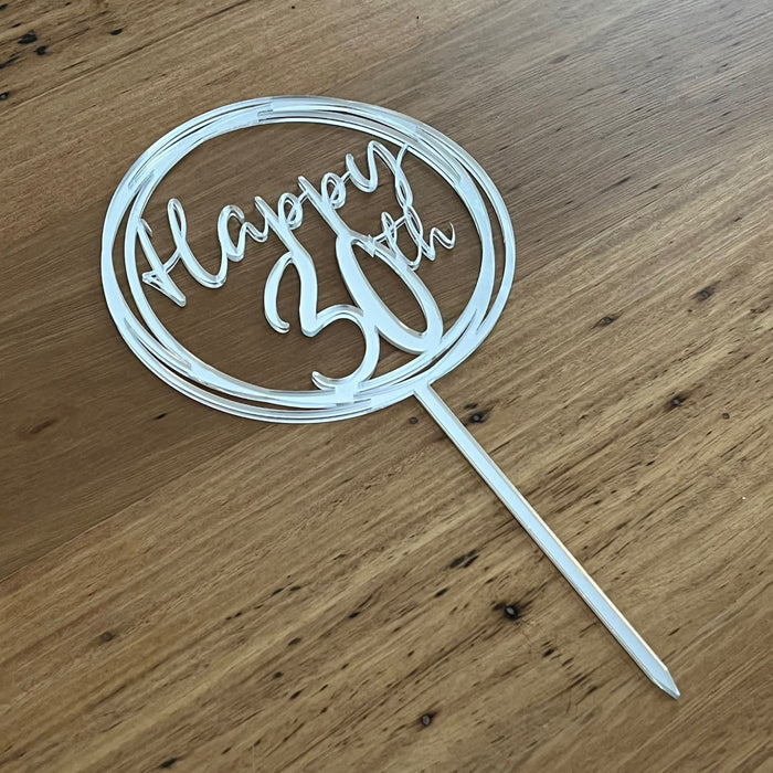 "Happy 30th" in Silver acrylic cake topper available in many colours, mirrored finish and glitters, Cookie Cutter Store