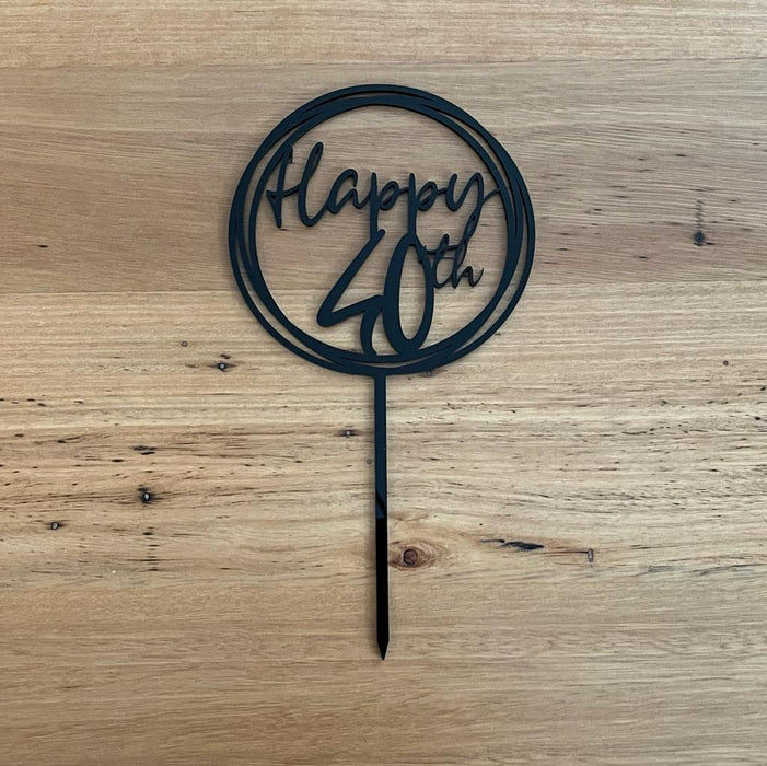 "Happy 40th" in Black acrylic cake topper available in many colours, mirrored finish and glitters, Cookie Cutter Store