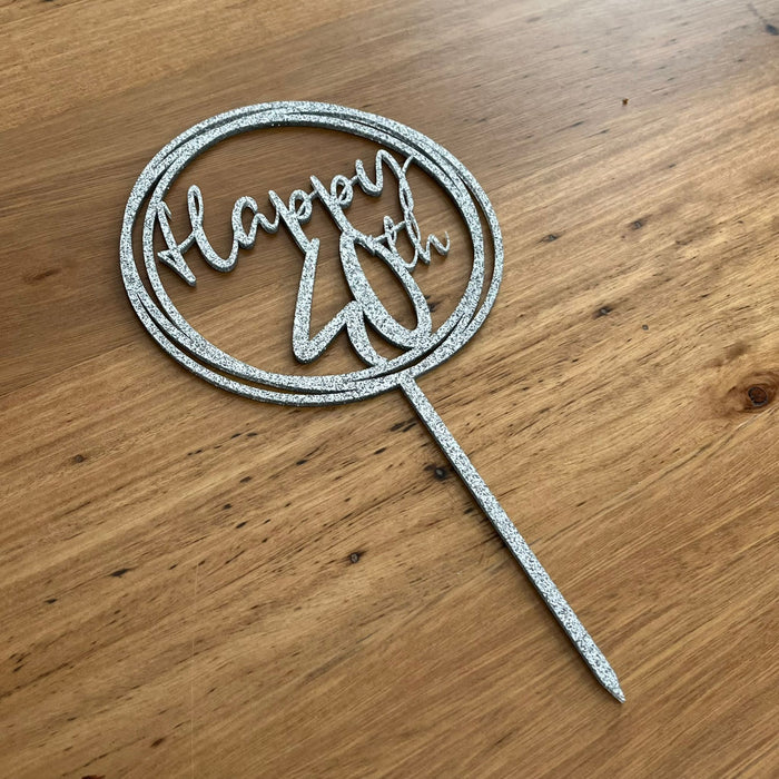 "Happy 40th" in glitter silver acrylic cake topper available in many colours, mirrored finish and glitters, Cookie Cutter Store