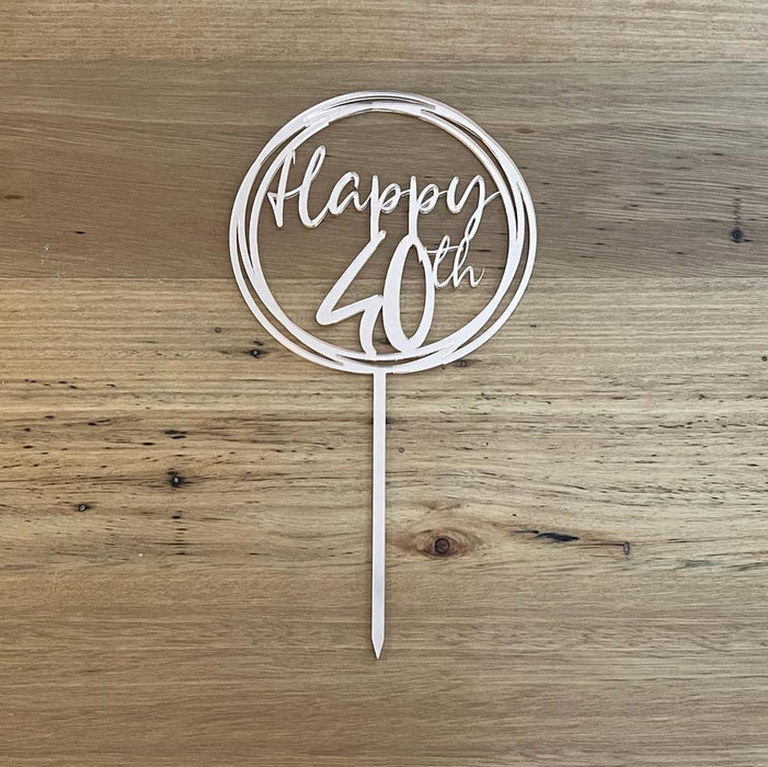 "Happy 40th" in Rose Gold acrylic cake topper available in many colours, mirrored finish and glitters, Cookie Cutter Store