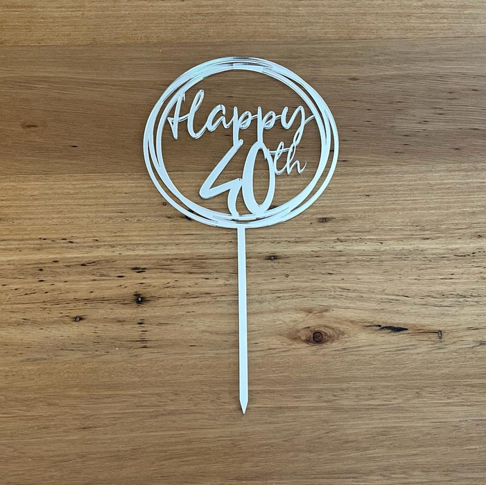 "Happy 40th" in Silver acrylic cake topper available in many colours, mirrored finish and glitters, Cookie Cutter Store