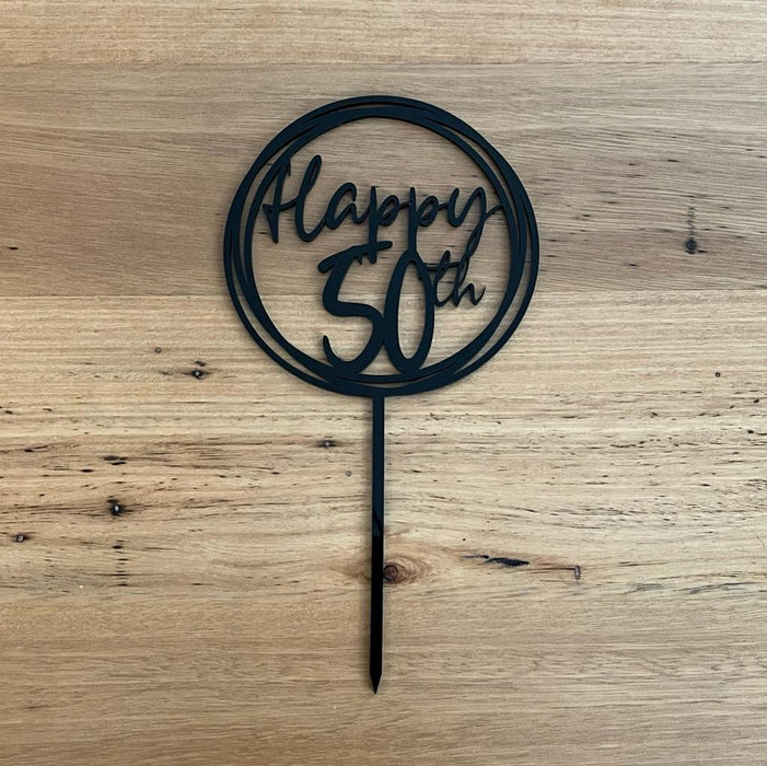 "Happy 50th" in Black acrylic cake topper available in many colours, mirrored finish and glitters, Cookie Cutter Store