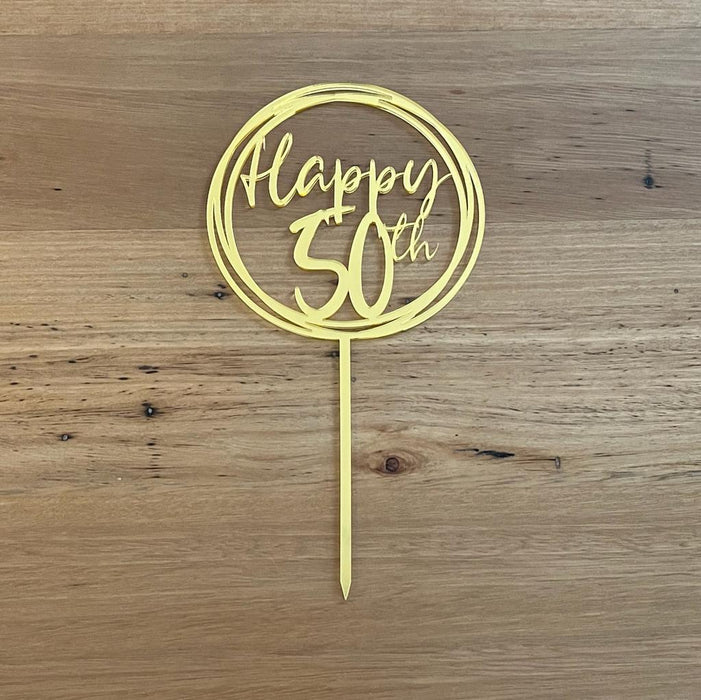 "Happy 50th" in Bright Gold acrylic cake topper available in many colours, mirrored finish and glitters, Cookie Cutter Store