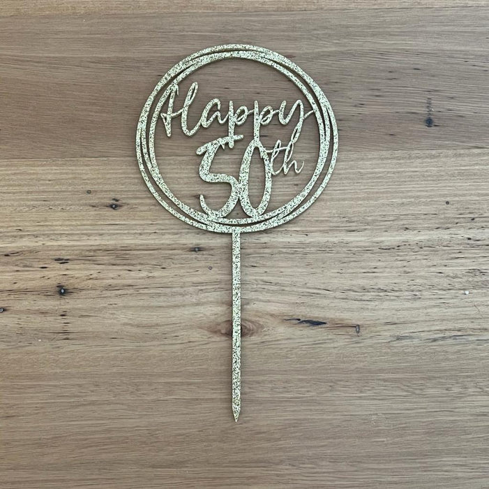 "Happy 50th" in Glitter Light Gold acrylic cake topper available in many colours, mirrored finish and glitters, Cookie Cutter Store