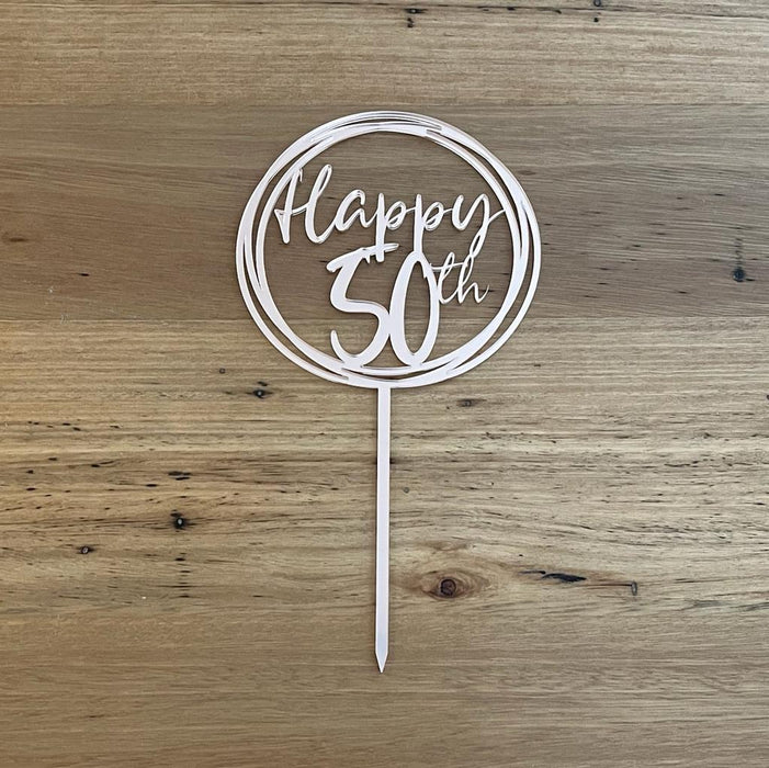 "Happy 50th" in Rose Gold acrylic cake topper available in many colours, mirrored finish and glitters, Cookie Cutter Store