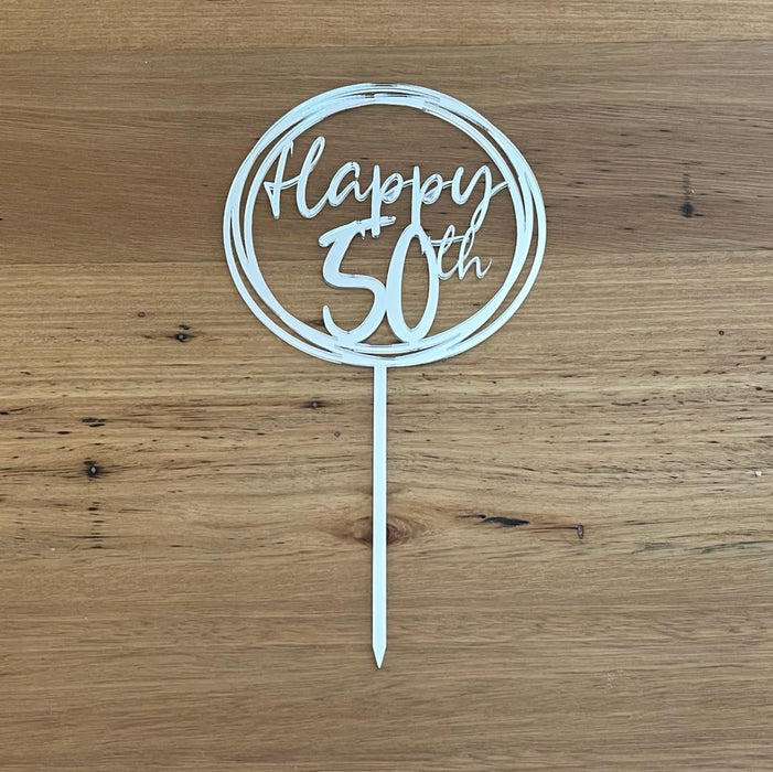 "Happy 50th" in Silver acrylic cake topper available in many colours, mirrored finish and glitters, Cookie Cutter Store