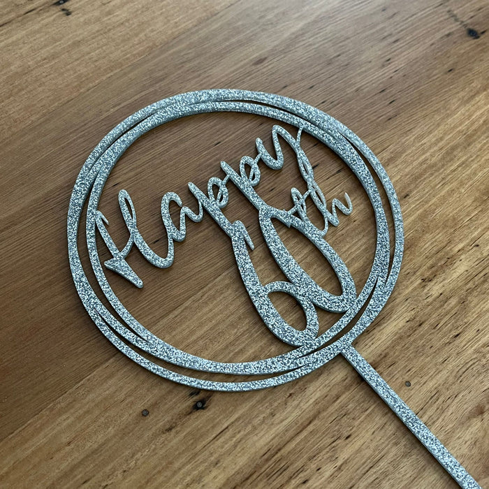 "Happy 60th" in Glitter Silver acrylic cake topper available in many colours, mirrored finish and glitters, Cookie Cutter Store