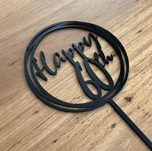 "Happy 60th" in Black acrylic cake topper available in many colours, mirrored finish and glitters, Cookie Cutter Store