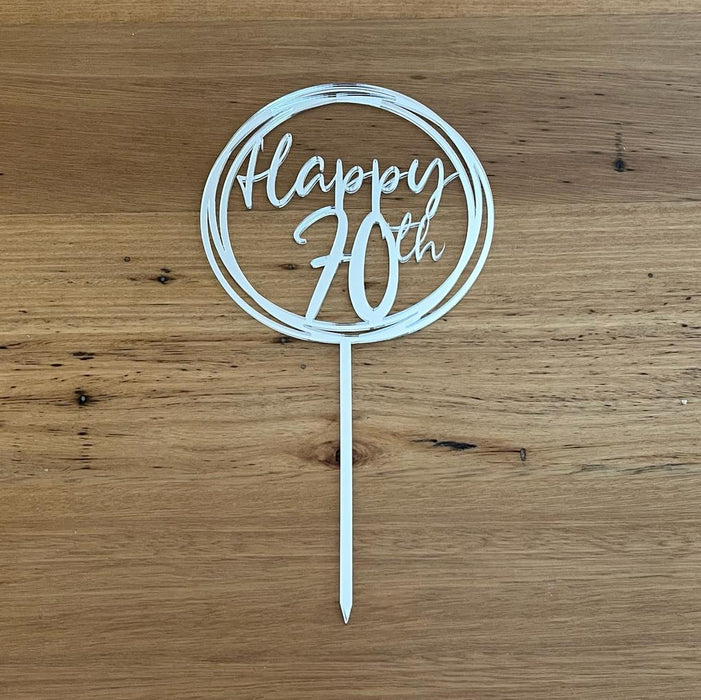 "Happy 70th" in Silver acrylic cake topper available in many colours, mirrored finish and glitters, Cookie Cutter Store