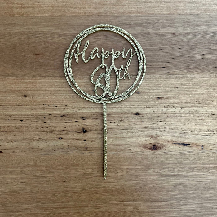 "Happy 80th" glitter light gold acrylic cake topper available in many colours, mirrored finish and glitters, Cookie Cutter Store