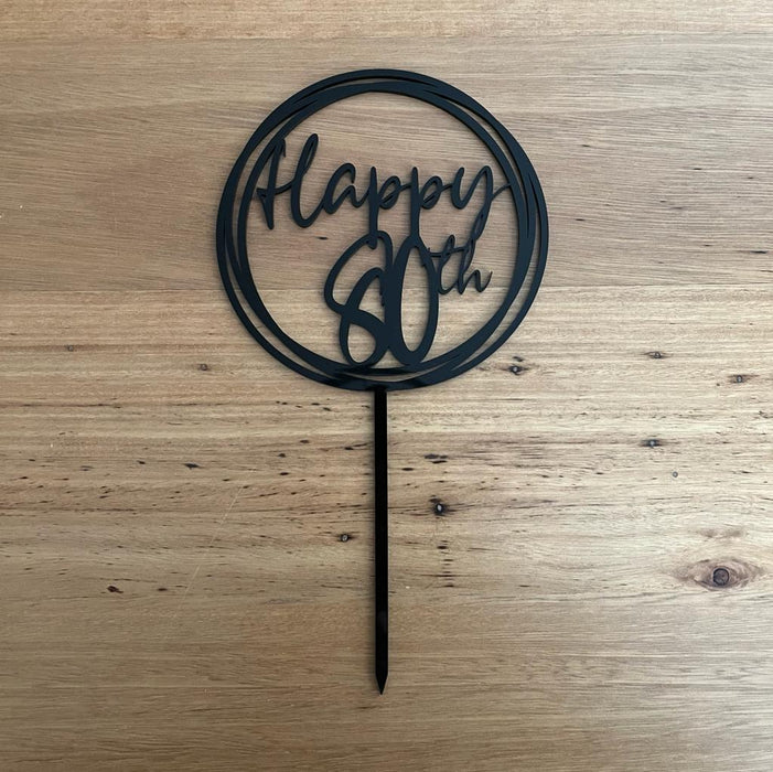 "Happy 80th" Black acrylic cake topper available in many colours, mirrored finish and glitters, Cookie Cutter Store