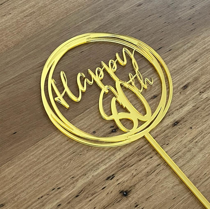 "Happy 80th" Bright Gold acrylic cake topper available in many colours, mirrored finish and glitters, Cookie Cutter Store