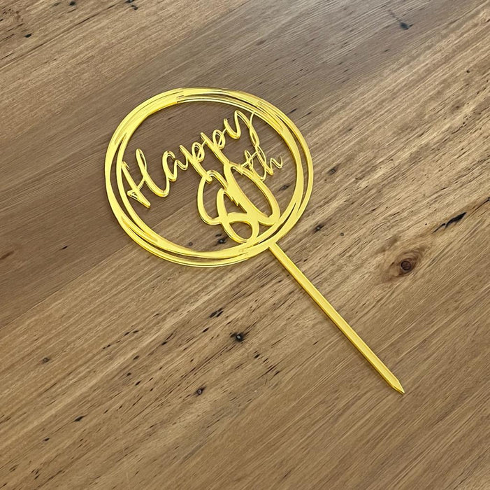 "Happy 80th" Bright Gold acrylic cake topper available in many colours, mirrored finish and glitters, Cookie Cutter Store