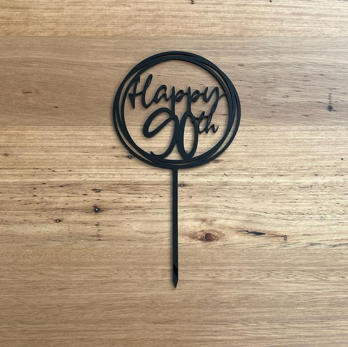 "Happy 90th" Black acrylic cake topper available in many colours, mirrored finish and glitters, Cookie Cutter Store