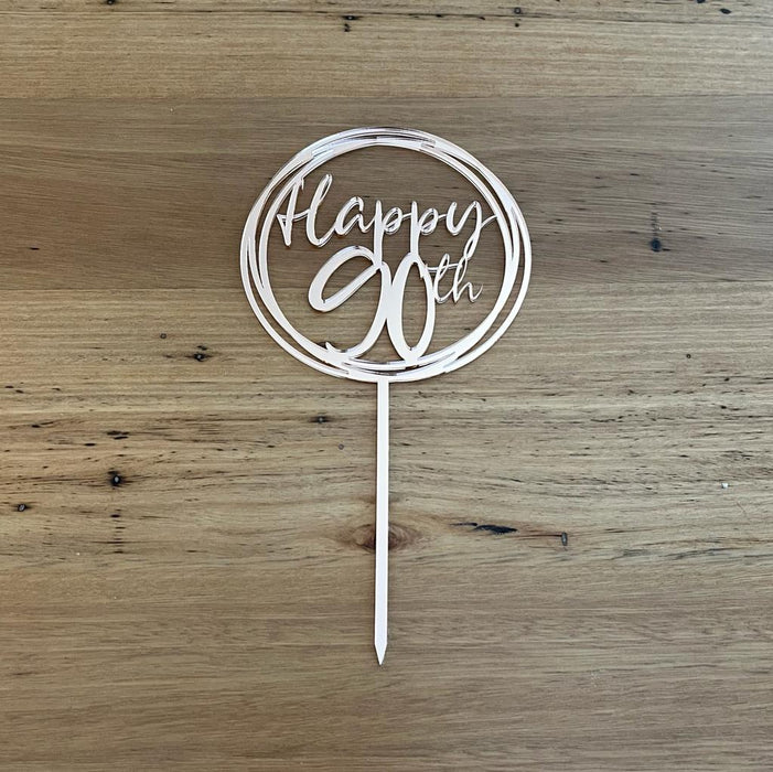"Happy 90th" Rose Gold acrylic cake topper available in many colours, mirrored finish and glitters, Cookie Cutter Store