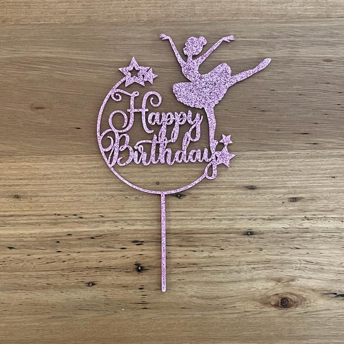 "Happy Birthday" in glitter silver with Ballet Dance acrylic cake topper available in many colours, mirrored finish and glitters, Cookie Cutter Store