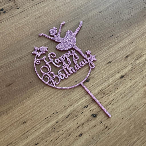 "Happy Birthday" in glitter silver with Ballet Dance acrylic cake topper available in many colours, mirrored finish and glitters, Cookie Cutter Store