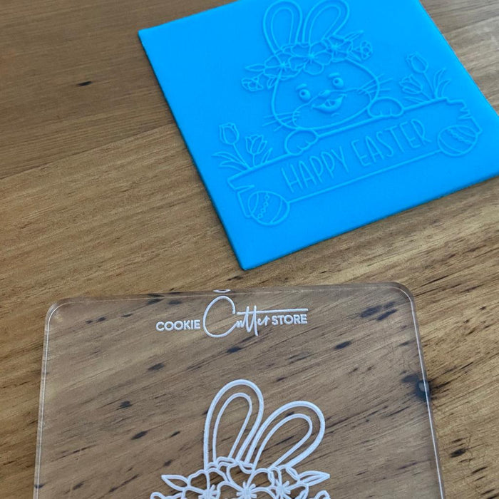 Easter Bunny holding Happy Easter Sign Deboss Raised Stamp