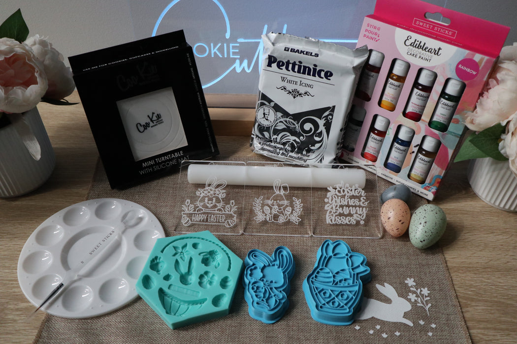 Bundle Pack 3 includes cookie cutters, raised emboss stamps, Sweet Sticks 8 packs, Brush, easter silicone mould, rolling pin, turntable and fondant - Easter Theme Cookie Decorating Pack from Cookie Cutter Store