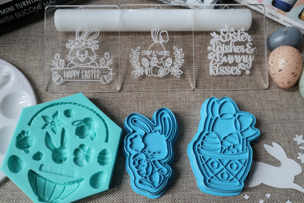 Bundle Pack 3 includes cookie cutters, raised emboss stamps, Sweet Sticks 8 packs, Brush, easter silicone mould, rolling pin, turntable and fondant - Easter Theme Cookie Decorating Pack from Cookie Cutter Store