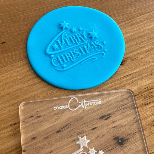 Merry Christmas written amongst stars making a tree shape Cookie Stamp Deboss, Pop Stamp, Raised Effect cookie Stamp, Cookie Cutter Store