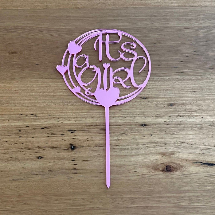 "It's a Girl" in mirror pink acrylic cake topper available in many colours, mirrored finish and glitters, Cookie Cutter Store