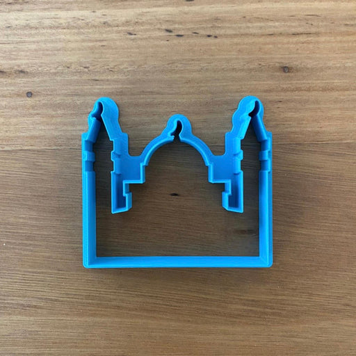Mosque Cookie Cutter & Emboss Stamp Style #1  Choose from 2 styles for Mosque designs with Cutter and Stamp Sets. This style measures 72mm wide x 64mm high measured at tallest and widest parts  Excellent robust Quality with a neat cutting edge. We target next day delivery. Custom designs are possible if you want a different size, or design. Just send an enquiry, or see our custom cookie cutter product, found under the "Custom Items" menu.