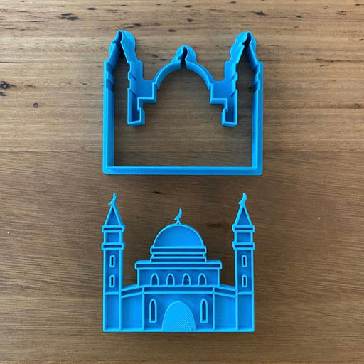 Mosque Cookie Cutter & Emboss Stamp Style #1  Choose from 2 styles for Mosque designs with Cutter and Stamp Sets. This style measures 72mm wide x 64mm high measured at tallest and widest parts  Excellent robust Quality with a neat cutting edge. We target next day delivery. Custom designs are possible if you want a different size, or design. Just send an enquiry, or see our custom cookie cutter product, found under the "Custom Items" menu.