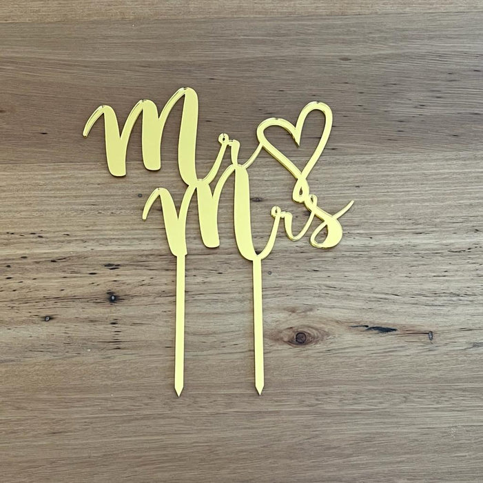"Mr & Mrs" in bright gold acrylic cake topper available in many colours, mirrored finish and glitters, Cookie Cutter Store