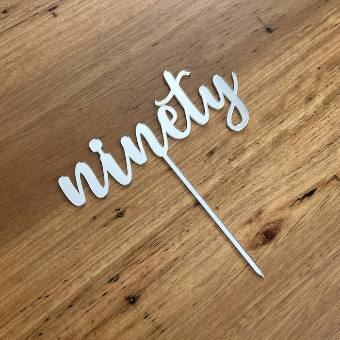 Ninety, 90, acrylic cake topper in Silver, Cookie Cutter Store