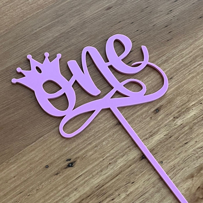 "One" acrylic cake topper in pastel pink available in many colours, mirrored finish and glitters, Cookie Cutter Store
