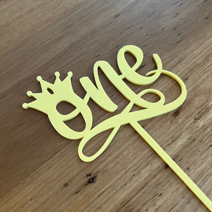 "One" acrylic cake topper in pastel lemon available in many colours, mirrored finish and glitters, Cookie Cutter Store