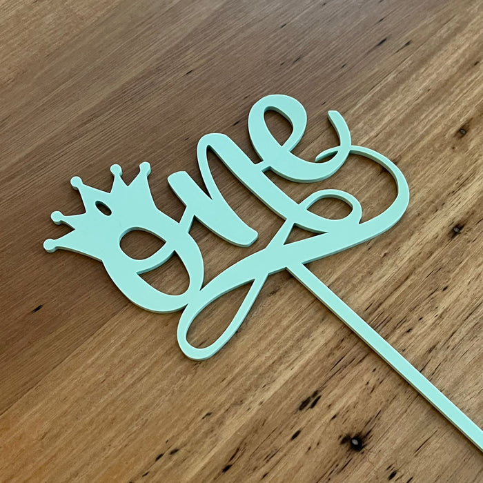 "One" acrylic cake topper in pastel pistachio available in many colours, mirrored finish and glitters, Cookie Cutter Store
