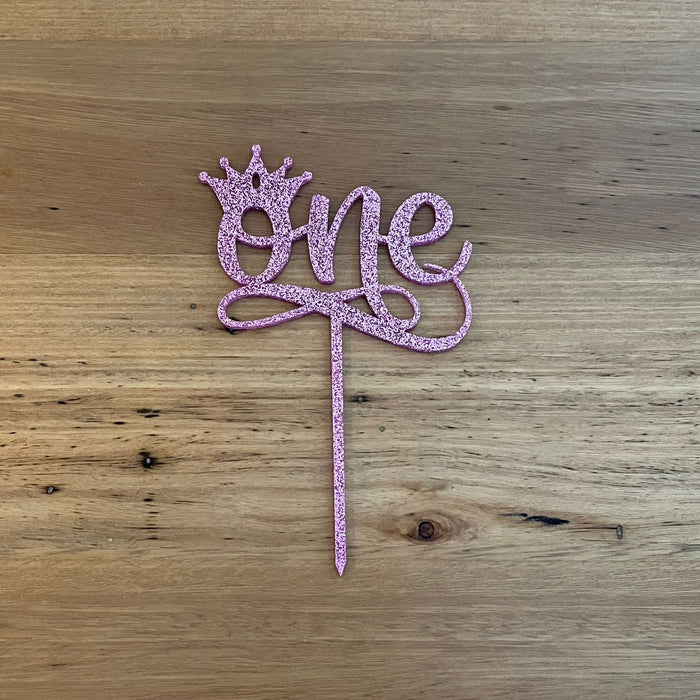 "One" acrylic cake topper in glitter pink available in many colours, mirrored finish and glitters, Cookie Cutter Store
