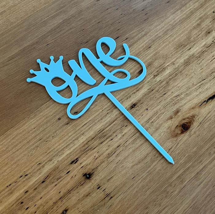 "One" acrylic cake topper in pastel blue available in many colours, mirrored finish and glitters, Cookie Cutter Store
