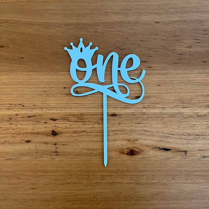 "One" acrylic cake topper in pastel blue available in many colours, mirrored finish and glitters, Cookie Cutter Store